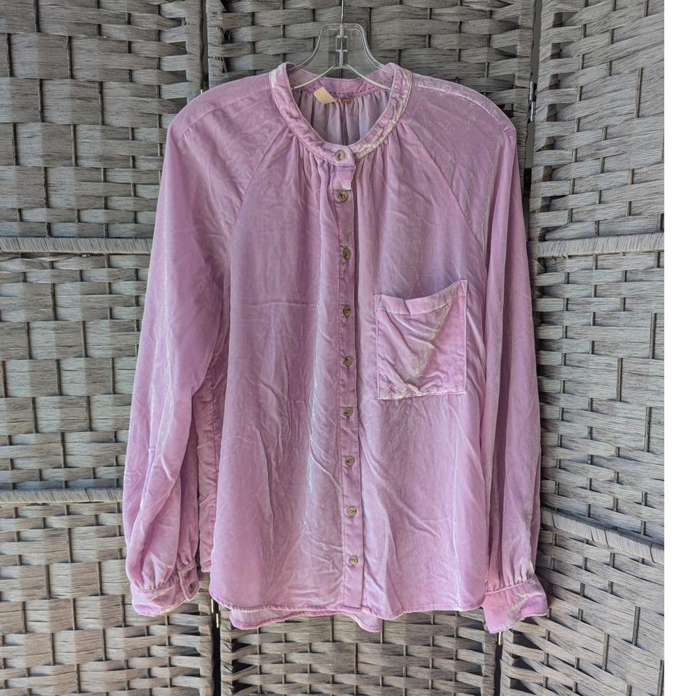 Anthro Pilcro Button Up Shirt Pink Velvet Raglan Sleeve Women L Soft Girl NWT